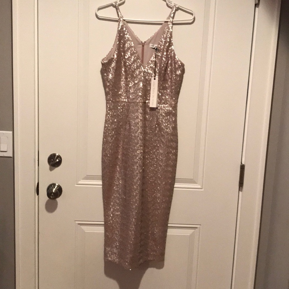 Rose Gold sequin midi dress. Dress the Population.